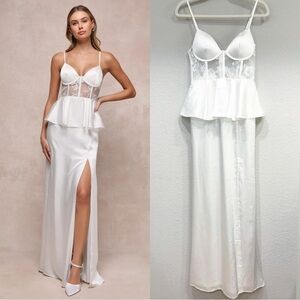 NWOT Lulus Iconic Adoration White Satin Peplum Sheer‎ Bustier Maxi Dress